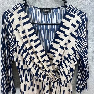 Lux II Retro Navy Blue Cream Faux Wrap Dress 8P Mod Mid Century Modern